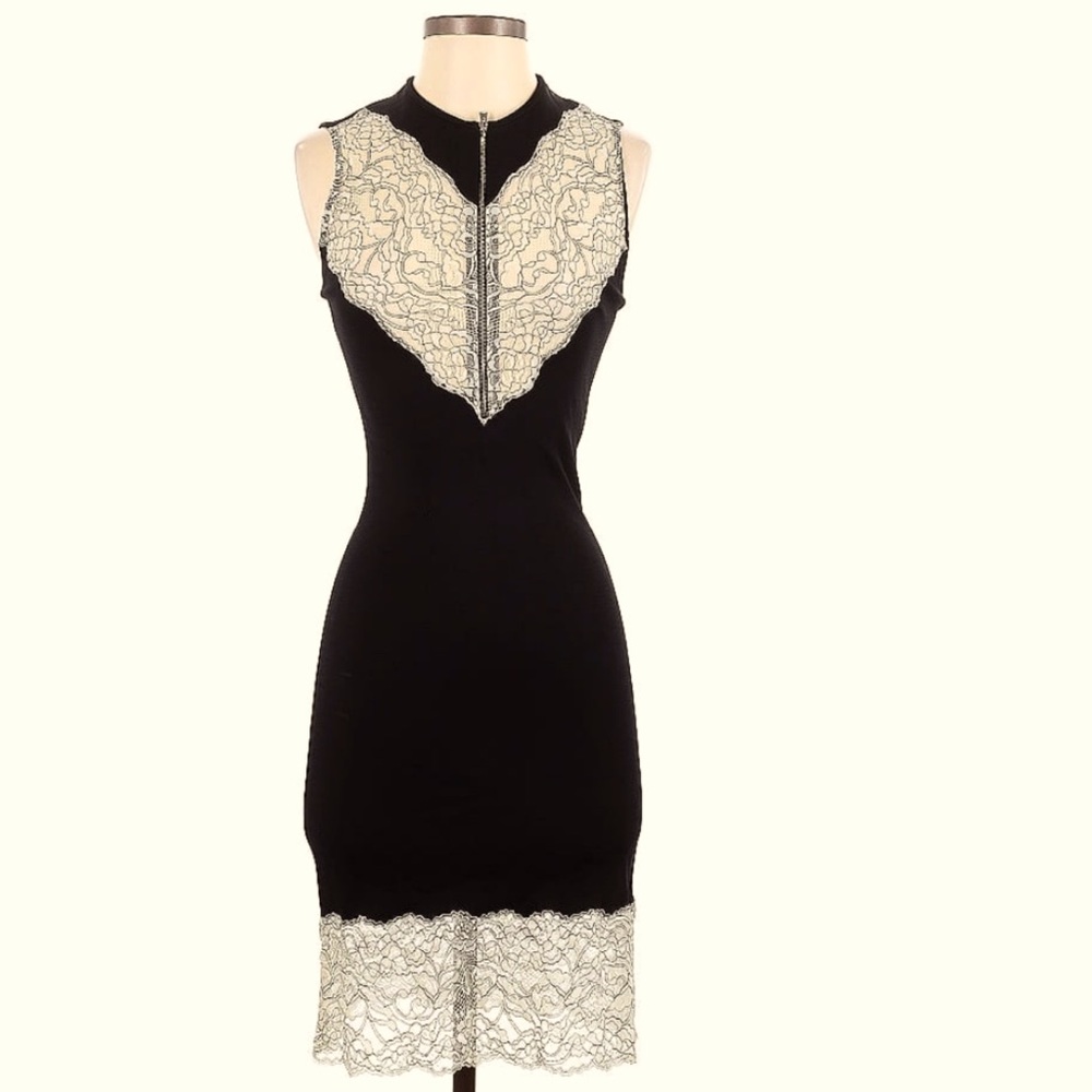 Sandro Sz S Black and white lace accent body-con dress.